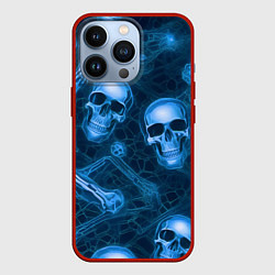 Чехол для iPhone 13 Pro Синие черепа и кости, цвет: 3D-красный