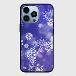 Чехол для iPhone 13 Pro Крупные снежинки на фиолетовом, цвет: 3D-черный