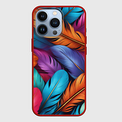 Чехол для iPhone 13 Pro Перья паттерн - нейросеть, цвет: 3D-красный