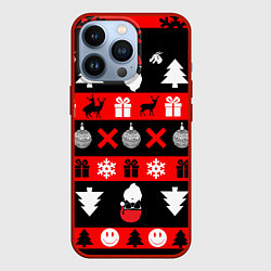 Чехол для iPhone 13 Pro Новогодний патерн с оленями и сантой, цвет: 3D-красный