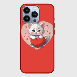 Чехол для iPhone 13 Pro Мультяшный котенок держит красное сердечко, цвет: 3D-красный