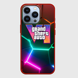 Чехол для iPhone 13 Pro GTA 6 лого на фоне разлома разноцветных плит, цвет: 3D-красный