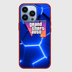 Чехол для iPhone 13 Pro GTA 6 лого на фоне разлома синих плит, цвет: 3D-красный