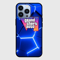 Чехол для iPhone 13 Pro GTA 6 лого на фоне разлома синих плит, цвет: 3D-черный