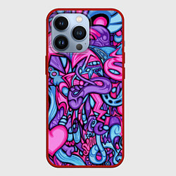 Чехол для iPhone 13 Pro Узор розово-фиолетовый черепа и сердца, цвет: 3D-красный