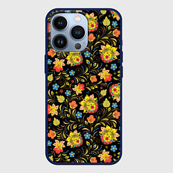 Чехол для iPhone 13 Pro Хохломская роспись разноцветные цветы, цвет: 3D-тёмно-синий