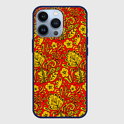 Чехол для iPhone 13 Pro Хохломская роспись золотистые цветы на красном фон, цвет: 3D-тёмно-синий