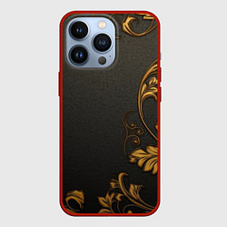 Чехол для iPhone 13 Pro Объемные золотые узоры на черной ткани лепнина, цвет: 3D-красный