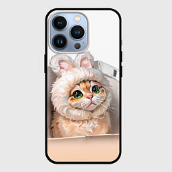 Чехол для iPhone 13 Pro Милый кот-мем в шапке с ушками - бежевый градиент, цвет: 3D-черный