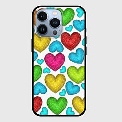 Чехол для iPhone 13 Pro Сердца нарисованные цветными карандашами, цвет: 3D-черный