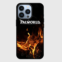 Чехол iPhone 13 Pro Palworld логотип на черном фоне с огнем