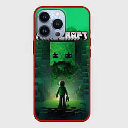 Чехол для iPhone 13 Pro Minecraft зеленый персонаж и зеленые горы, цвет: 3D-красный