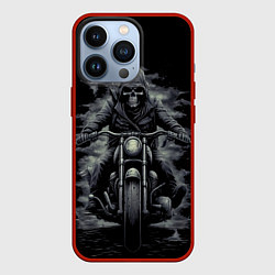 Чехол для iPhone 13 Pro Скелет на мотоцикле черно-белый стиль, цвет: 3D-красный