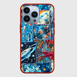 Чехол для iPhone 13 Pro Космические обитатели на дениме, цвет: 3D-красный