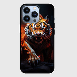 Чехол для iPhone 13 Pro Злой тигр в огне рычит и нападает, цвет: 3D-черный