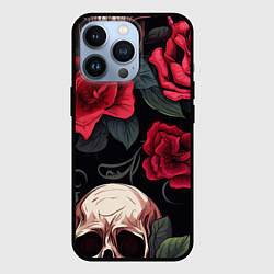 Чехол для iPhone 13 Pro Черепа с красными розами, цвет: 3D-черный