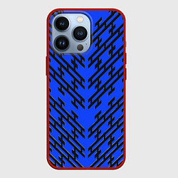 Чехол для iPhone 13 Pro Чёрные полосы на синем фоне, цвет: 3D-красный