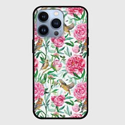 Чехол для iPhone 13 Pro Пионы и зеленушка, цвет: 3D-черный
