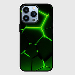 Чехол для iPhone 13 Pro Темные зеленые неоновые плиты в разломе, цвет: 3D-черный