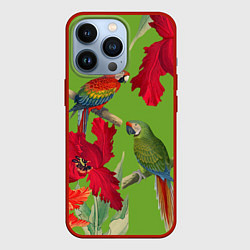 Чехол для iPhone 13 Pro Попугаи среди цветов, цвет: 3D-красный