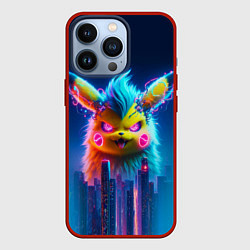 Чехол для iPhone 13 Pro Кибер-Пикачу среди небоскрёбов - нейроарт, цвет: 3D-красный
