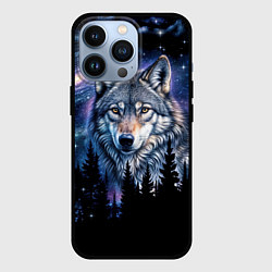 Чехол для iPhone 13 Pro Волк и черный лес - звездная ночь - галактика, цвет: 3D-черный