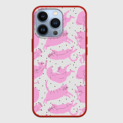 Чехол для iPhone 13 Pro Пухлые спящие розовые котики на фоне в горошек, цвет: 3D-красный