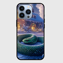 Чехол для iPhone 13 Pro Большая змея на фоне новогоднего дома, цвет: 3D-черный