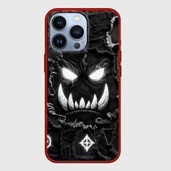 Чехол для iPhone 13 Pro Голова Орка на джинсах пэчворк, цвет: 3D-красный