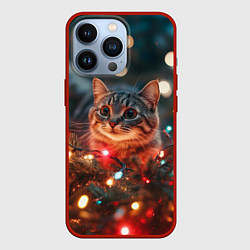 Чехол для iPhone 13 Pro Новогодний котик в гирляндах, цвет: 3D-красный