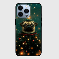 Чехол для iPhone 13 Pro Мопс - новогодняя елка, цвет: 3D-черный