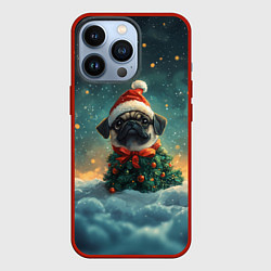 Чехол для iPhone 13 Pro Новогодний мопс в ветках елки, цвет: 3D-красный
