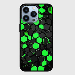 Чехол для iPhone 13 Pro Зелёно-серые шестиугольники на чёрном фоне, цвет: 3D-черный