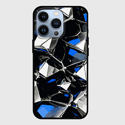 Чехол для iPhone 13 Pro Сине-белый паттерн на чёрном фоне, цвет: 3D-черный