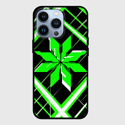 Чехол для iPhone 13 Pro Зелёно-белая звезда и полосы на чёрном фоне, цвет: 3D-черный