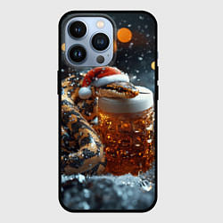 Чехол для iPhone 13 Pro Новогодняя змея и кружка пива, цвет: 3D-черный