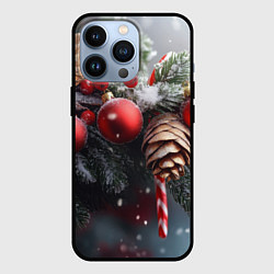 Чехол для iPhone 13 Pro Новогодние украшения на ветках, цвет: 3D-черный