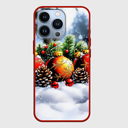 Чехол для iPhone 13 Pro Красные и желтый новогодние шары, цвет: 3D-красный