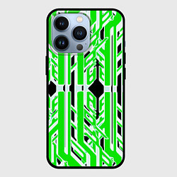 Чехол для iPhone 13 Pro Бело-зелёные техно полосы на чёрном фоне, цвет: 3D-черный