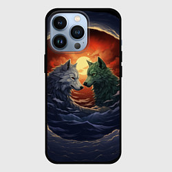 Чехол для iPhone 13 Pro Волк и волчица в море под луной, цвет: 3D-черный