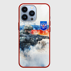 Чехол iPhone 13 Pro Русский солдат и синий герб РФ