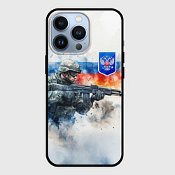 Чехол для iPhone 13 Pro Русский солдат и синий герб РФ, цвет: 3D-черный