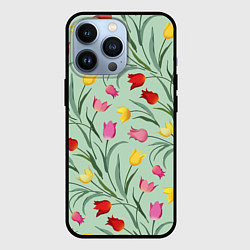 Чехол для iPhone 13 Pro Тюльпаны цветочный паттерн на светло-зелёном фоне, цвет: 3D-черный