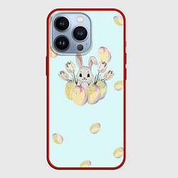 Чехол для iPhone 13 Pro Кролик радостный с яйцами, цвет: 3D-красный