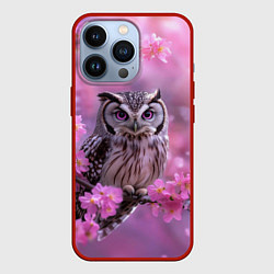 Чехол для iPhone 13 Pro Сова на ветке с розовыми цветами, цвет: 3D-красный