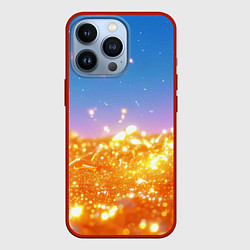 Чехол для iPhone 13 Pro Золотые шарики на голубом фоне, цвет: 3D-красный