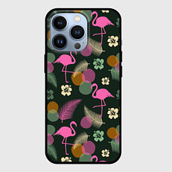 Чехол для iPhone 13 Pro Фламинго и листья на темно-зеленом, цвет: 3D-черный