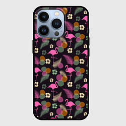 Чехол для iPhone 13 Pro Фламинго и листья на темно-синем, цвет: 3D-черный