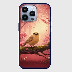 Чехол для iPhone 13 Pro Желтая птица в розовом цветущем лесу, цвет: 3D-тёмно-синий