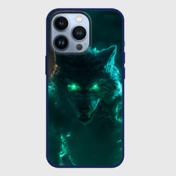 Чехол для iPhone 13 Pro Волк с зелеными глазами с молниями, цвет: 3D-тёмно-синий